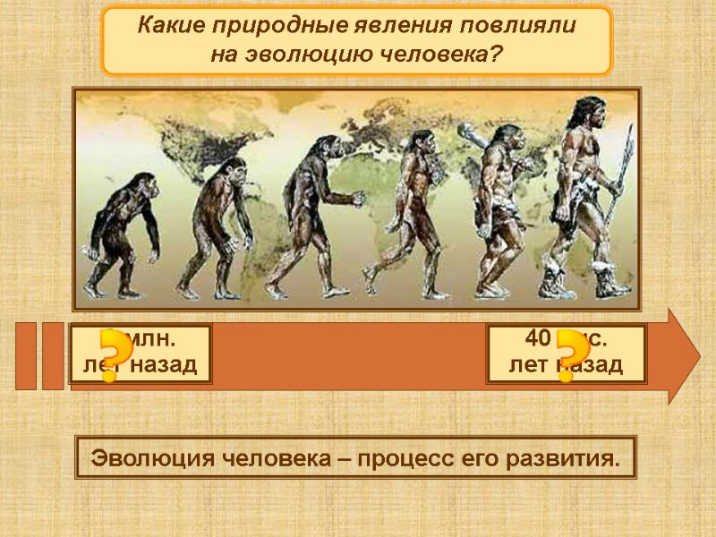 2 млн.  лет назад 40 тыс.  лет назад Какие природные явления повлияли